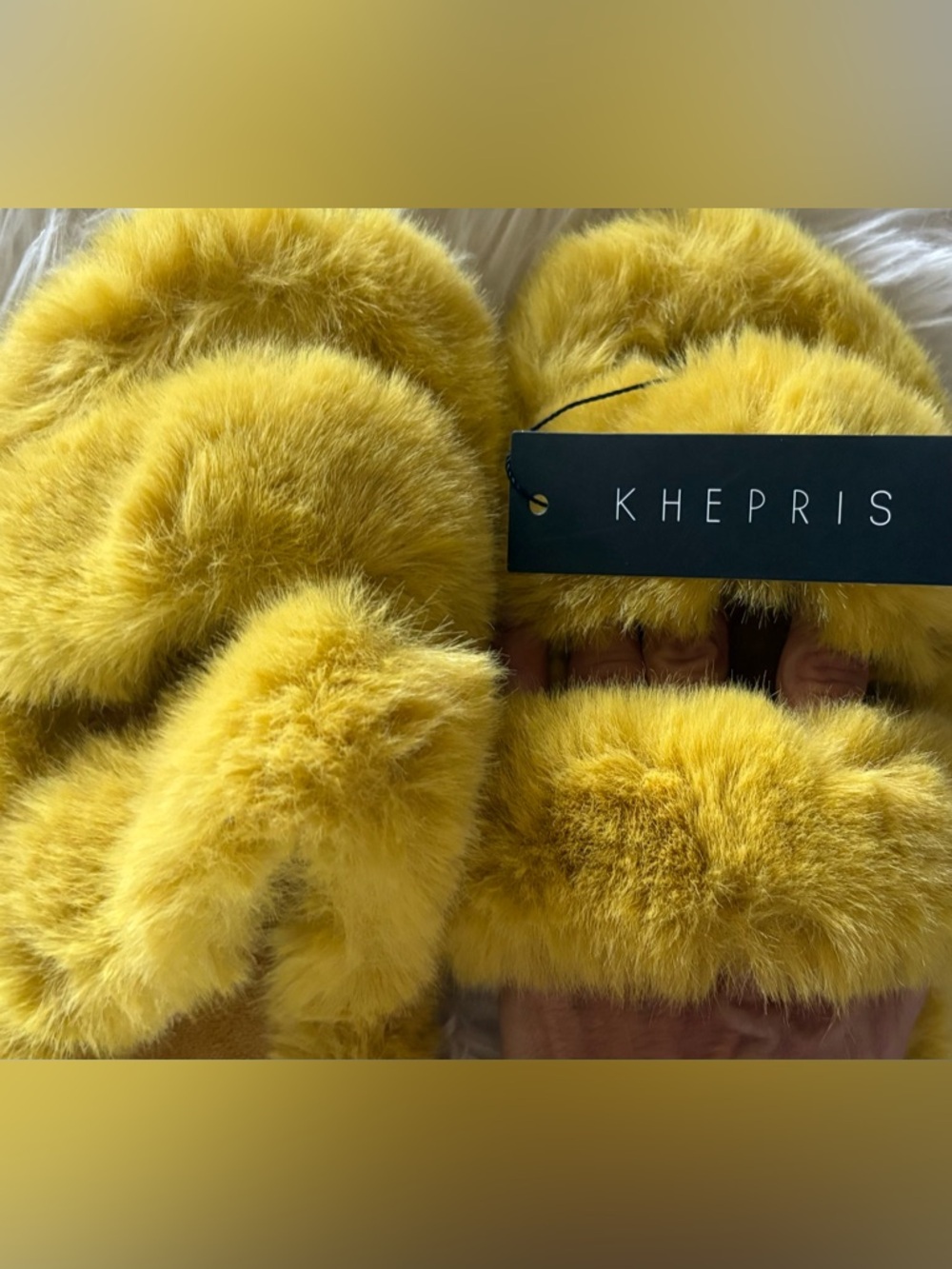 Women's Plush Faux-Fur Slippers in Mustard Yellow